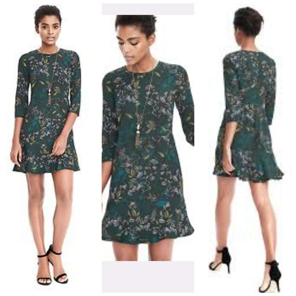 Banana Republic Peplum Hem Floral Green Dress